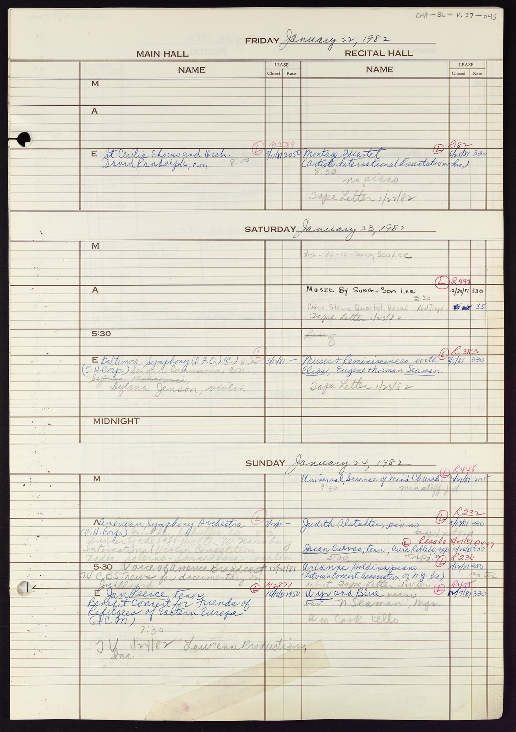 Carnegie Hall Booking Ledger, volume 27, page 45