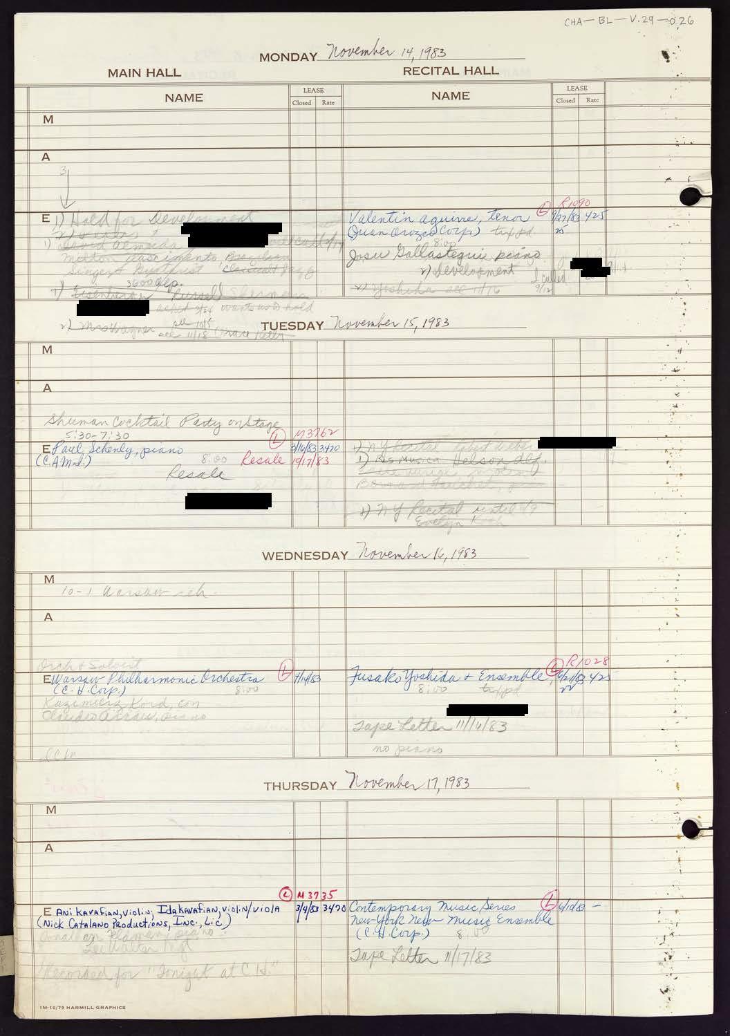 Carnegie Hall Booking Ledger, volume 29, page 26