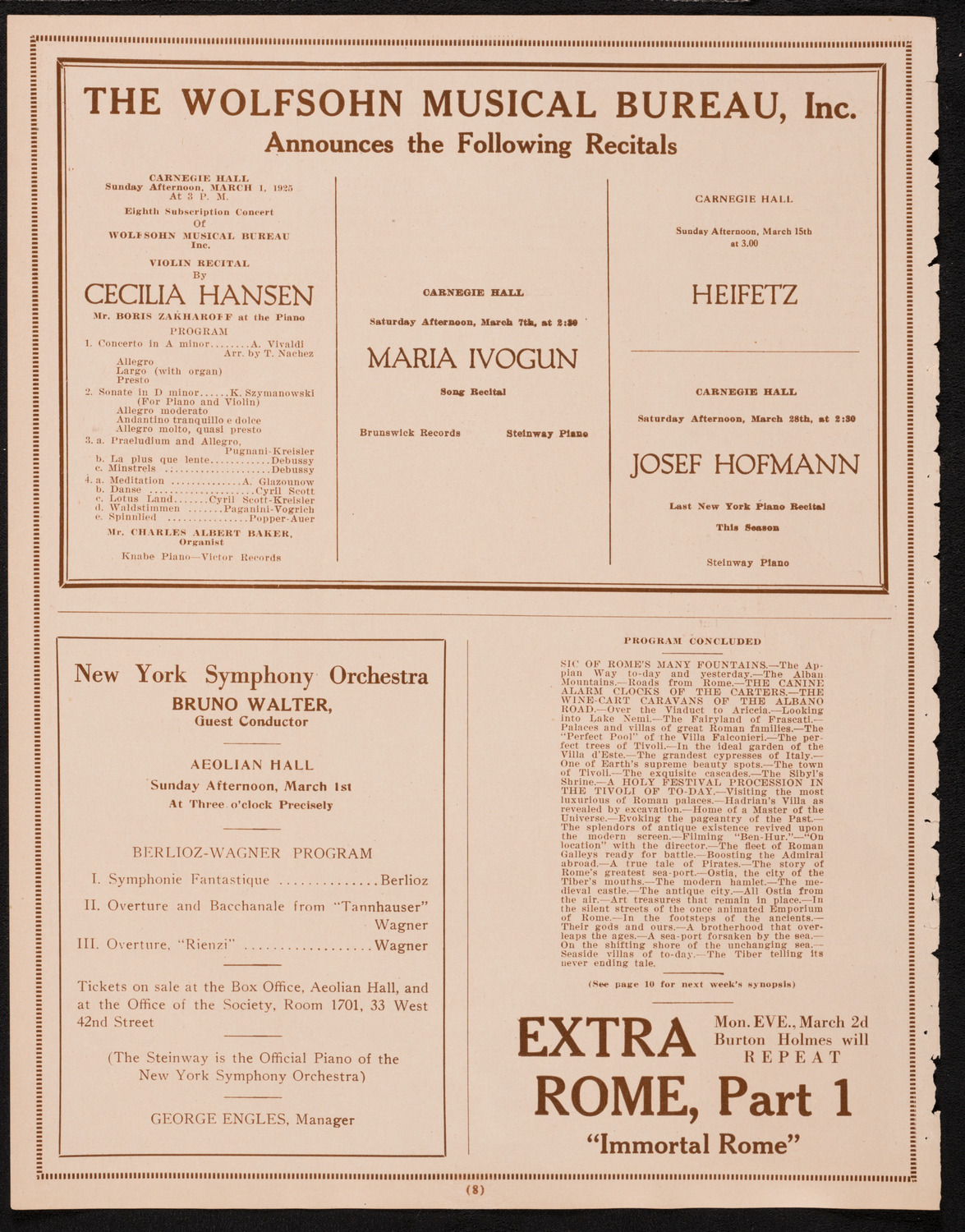 Burton Holmes Travelogue: Rome, February 24, 1925, program page 8