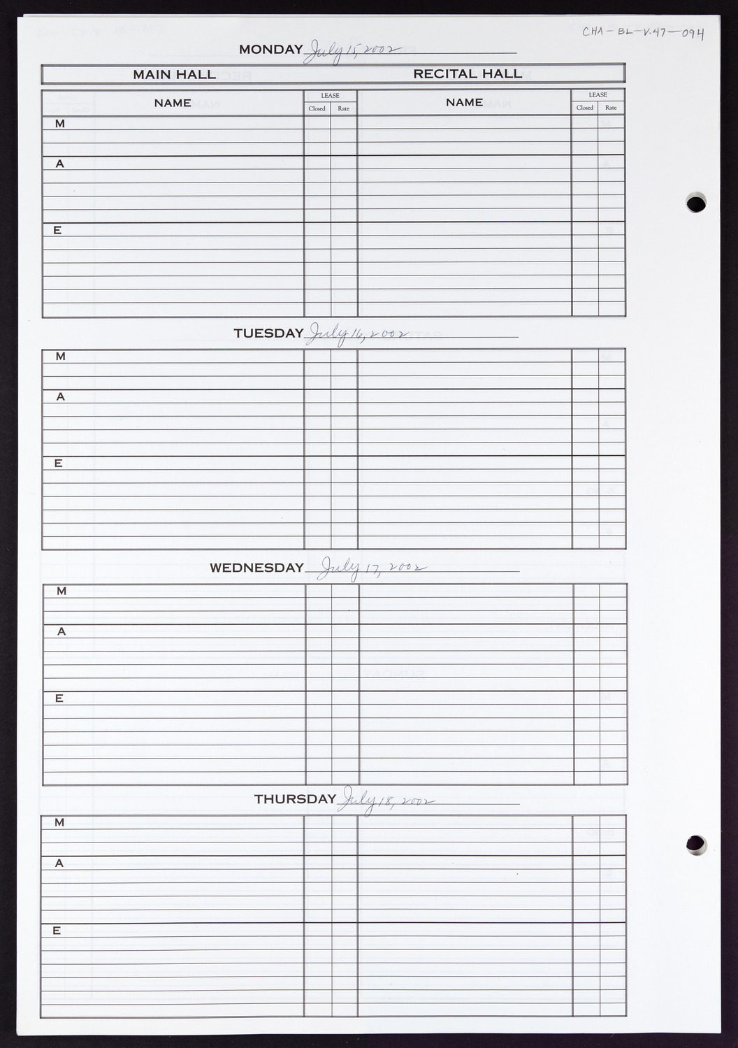 Carnegie Hall Booking Ledger, volume 47, page 94