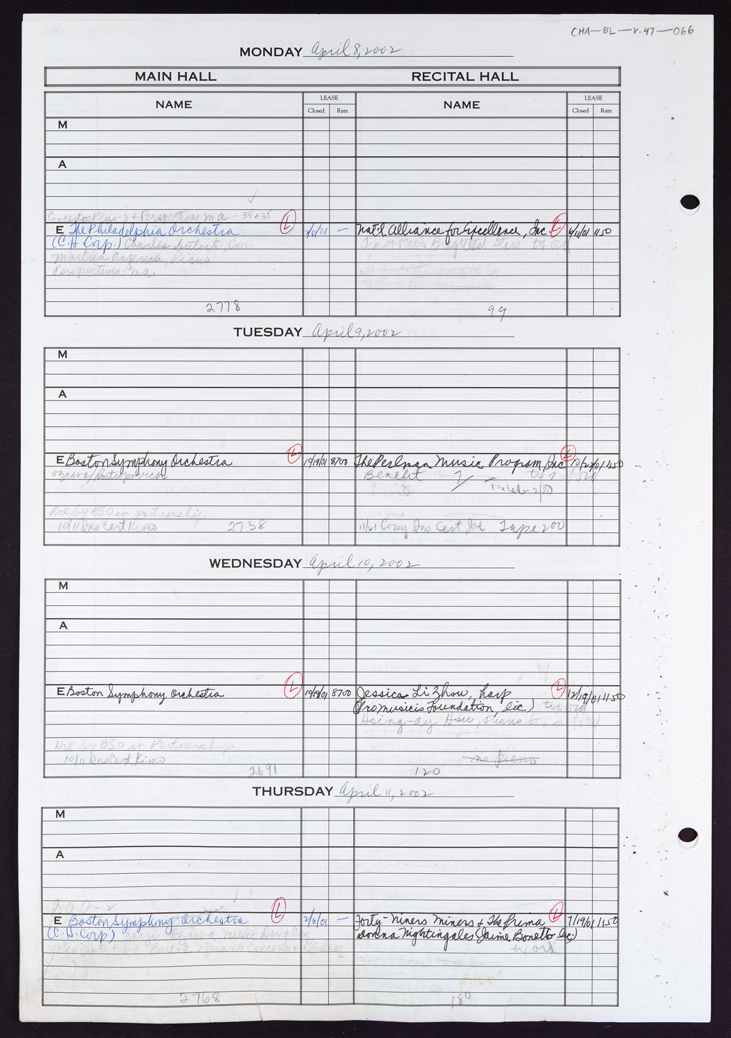 Carnegie Hall Booking Ledger, volume 47, page 66