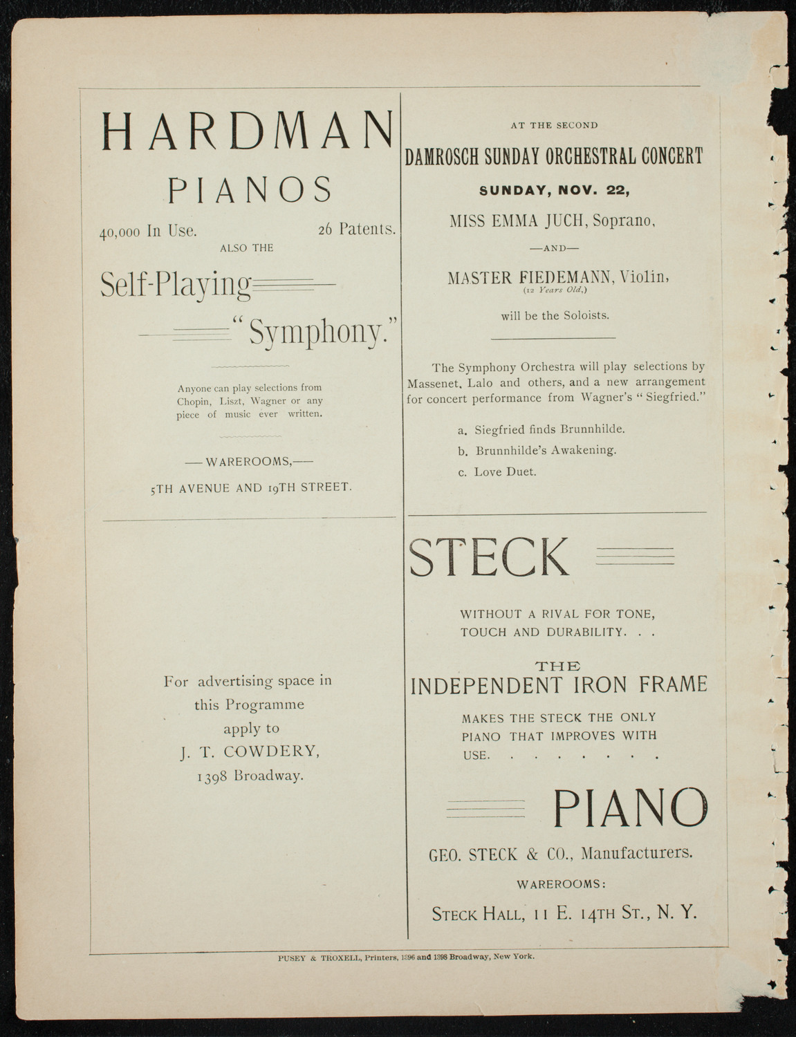Damrosch Sunday Concert, November 15, 1891, program page 12
