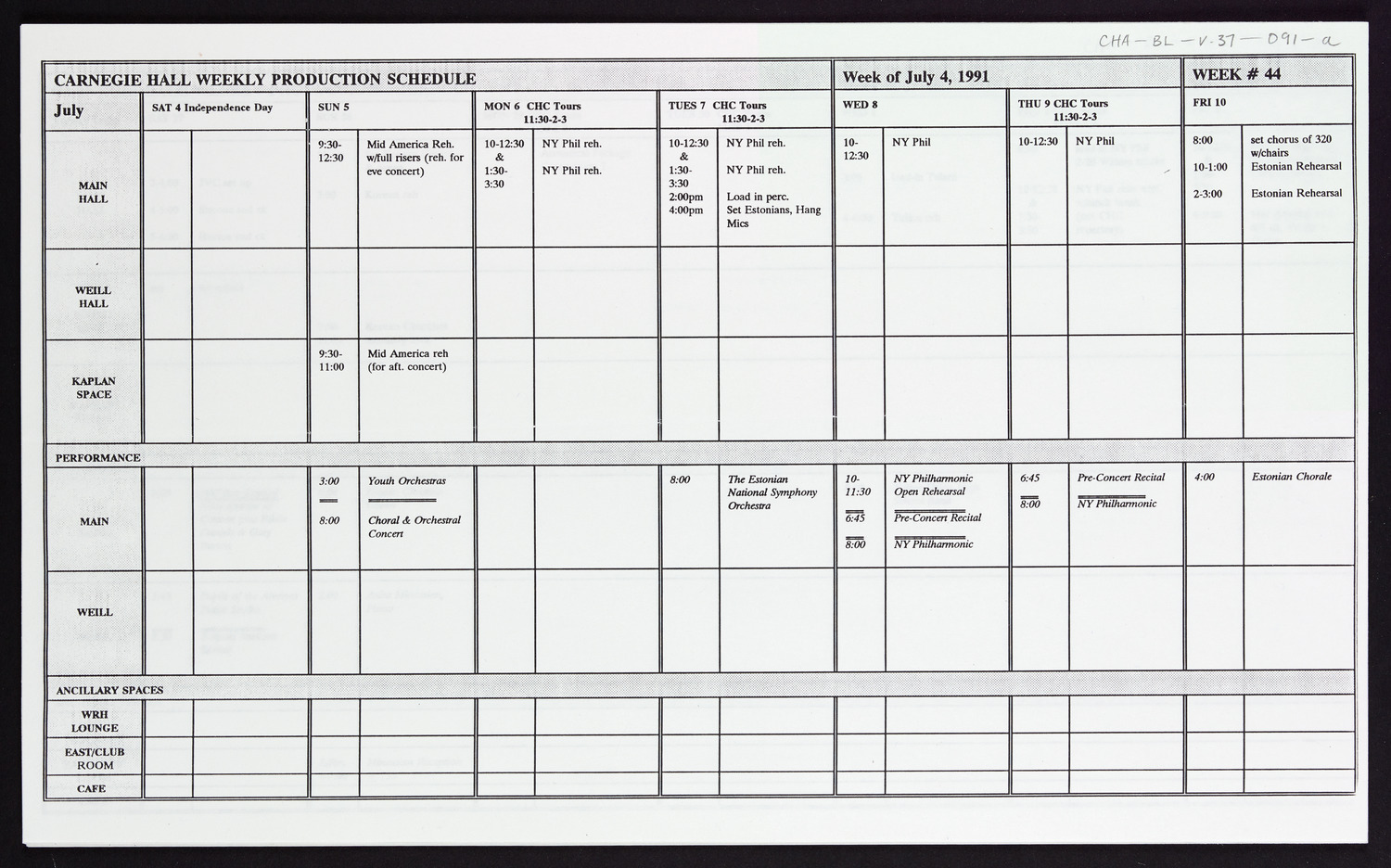 Carnegie Hall Booking Ledger, volume 37, page 91a