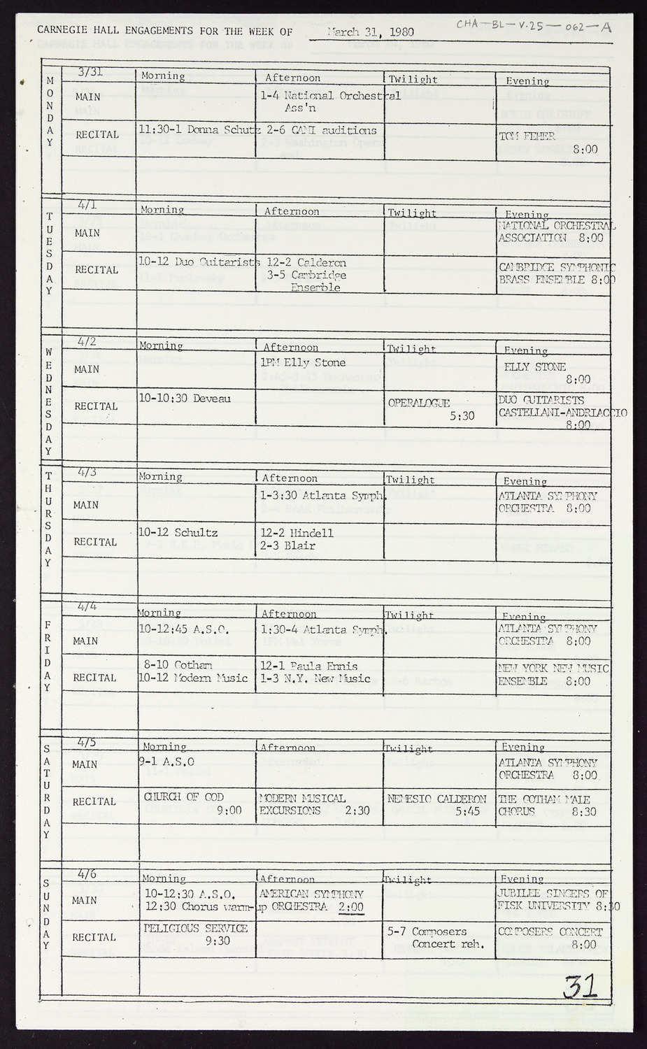 Carnegie Hall Booking Ledger, volume 25, page 62a