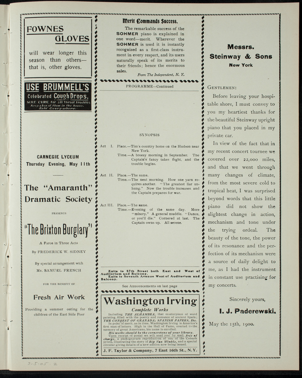 Williams College "Cap and Bells" Dramatic Association, May 5, 1905, program page 3