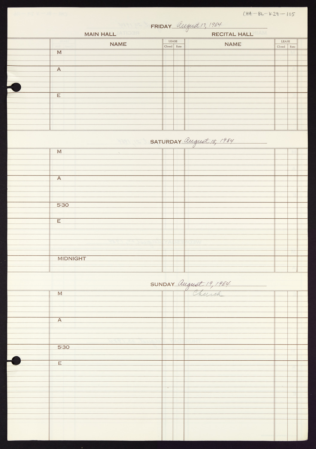 Carnegie Hall Booking Ledger, volume 29, page 105