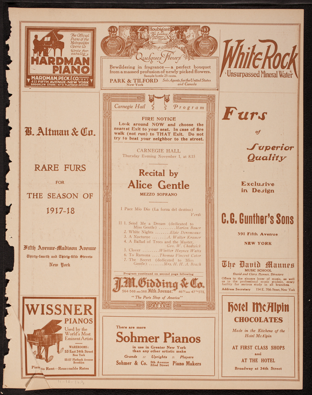 Alice Gentle, Mezzo-Soprano, November 1, 1917, program page 5