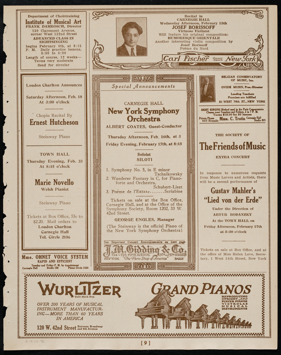 Sergei Rachmaninoff, Piano, February 14, 1922, program page 9