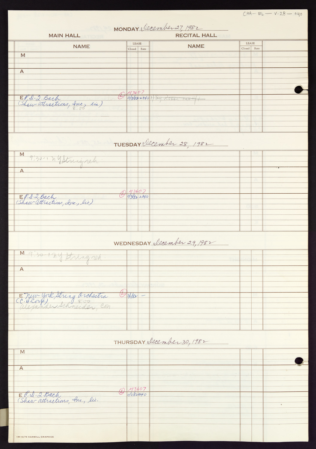 Carnegie Hall Booking Ledger, volume 28, page 40