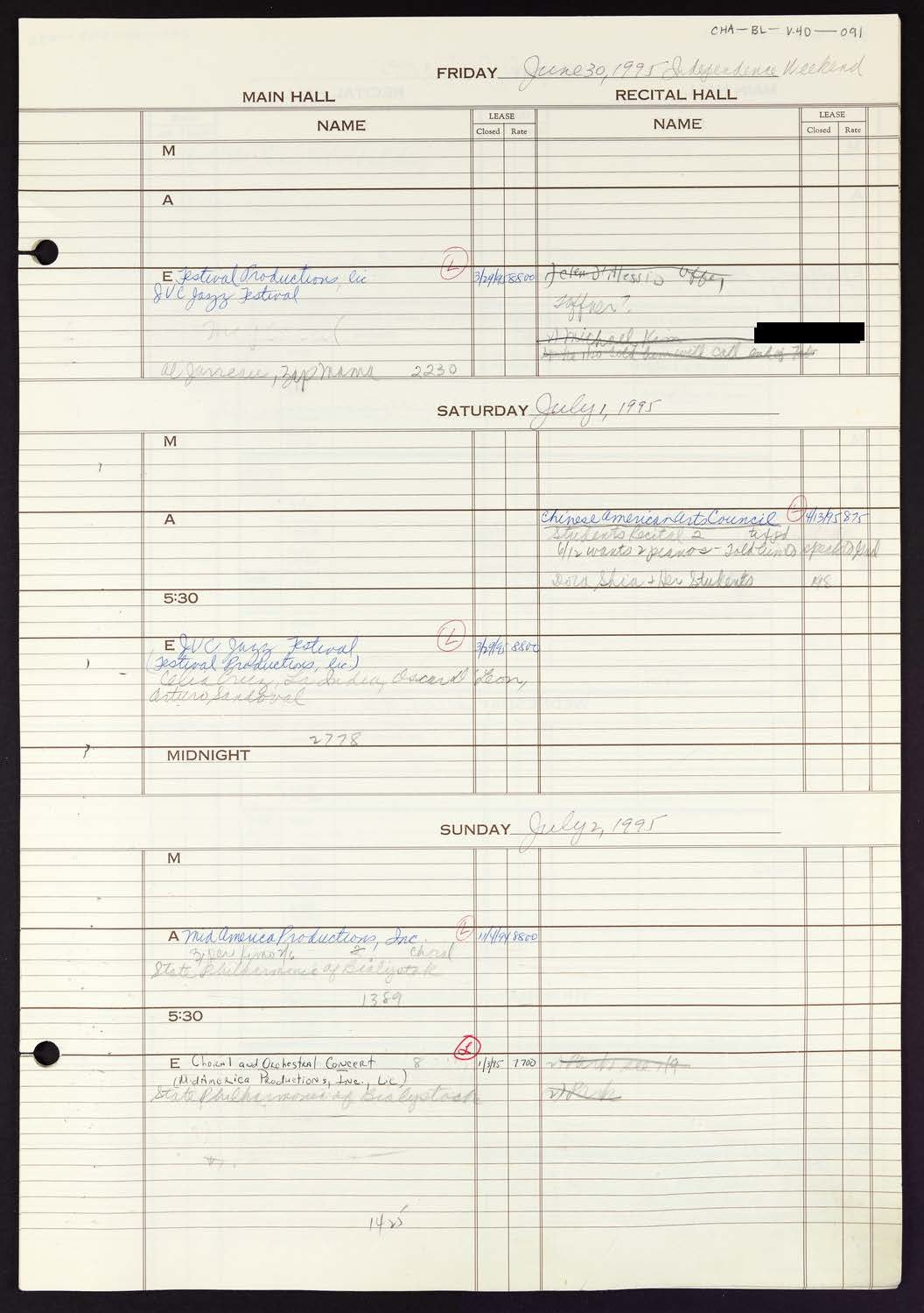 Carnegie Hall Booking Ledger, volume 40, page 91