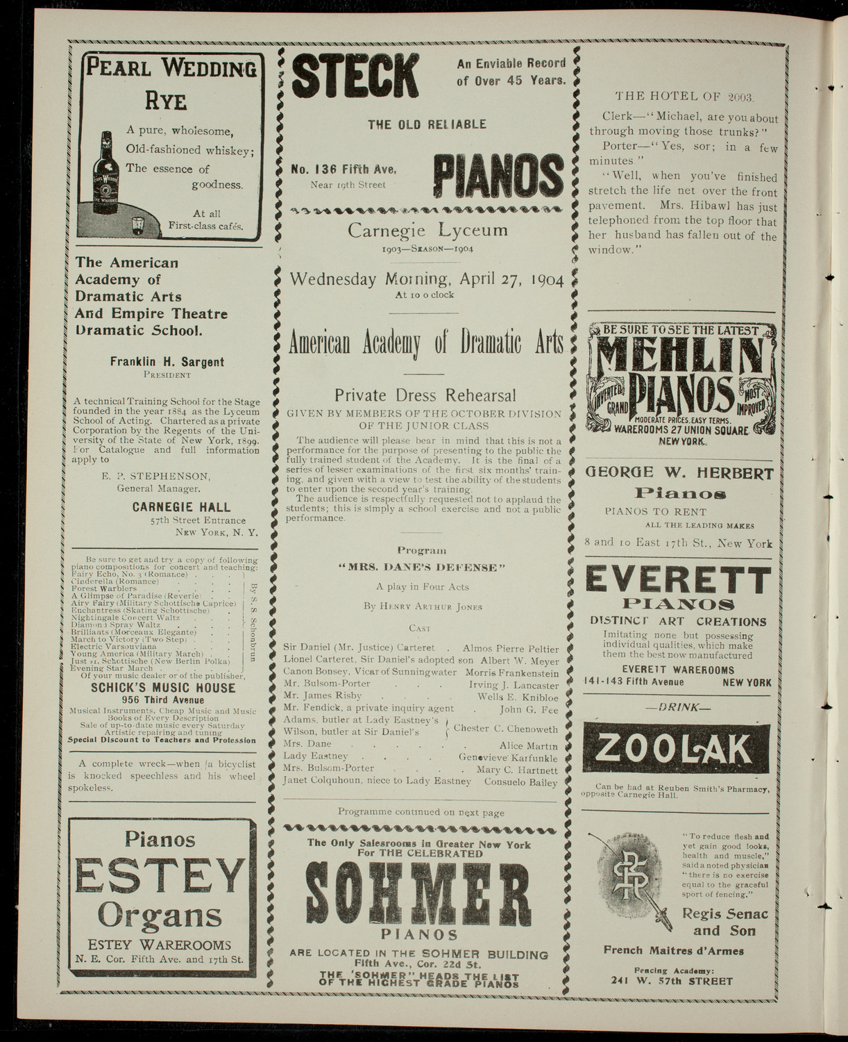 American Academy of the Dramatic Arts, April 27, 1904, program page 2