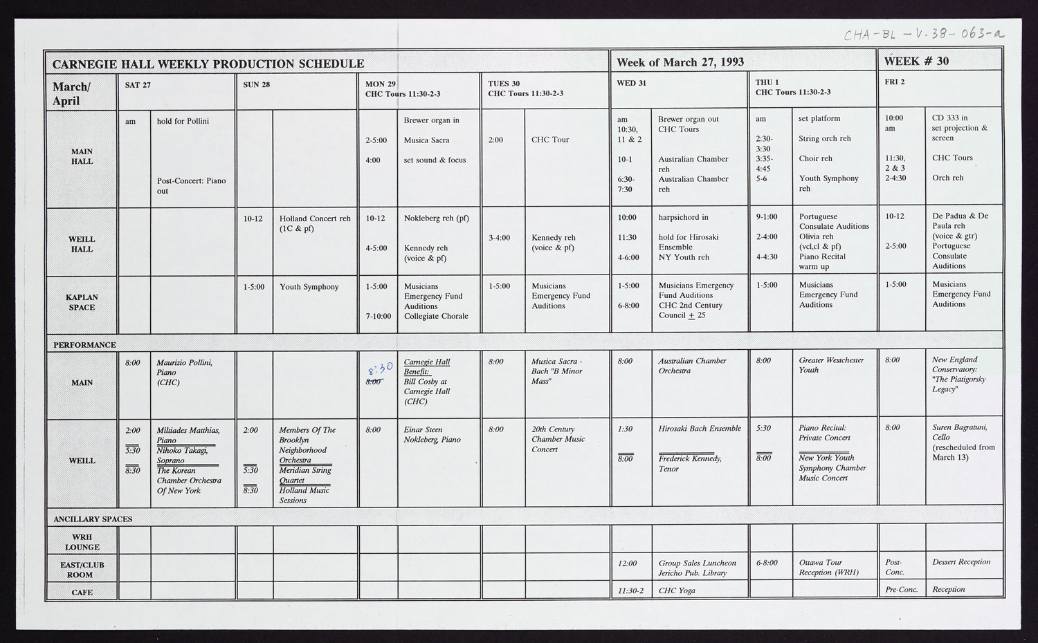 Carnegie Hall Booking Ledger, volume 38, page 63a