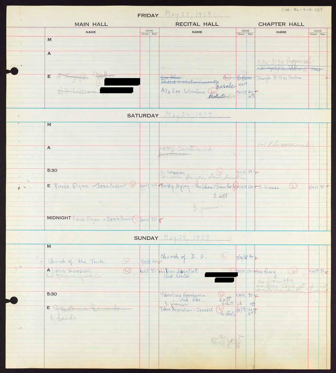 Carnegie Hall Booking Ledger, volume 4, page 69