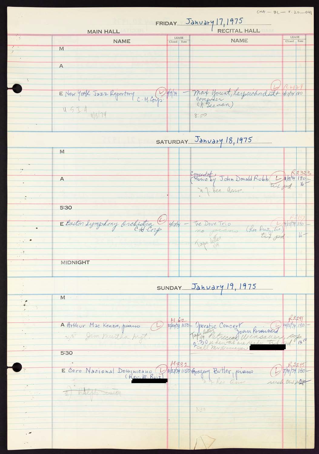 Carnegie Hall Booking Ledger, volume 20, page 41