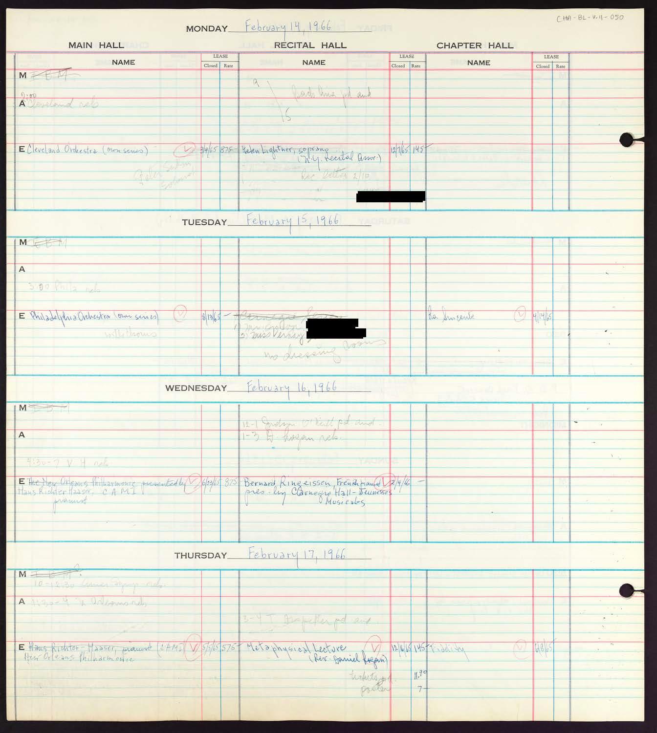 Carnegie Hall Booking Ledger, volume 11, page 50