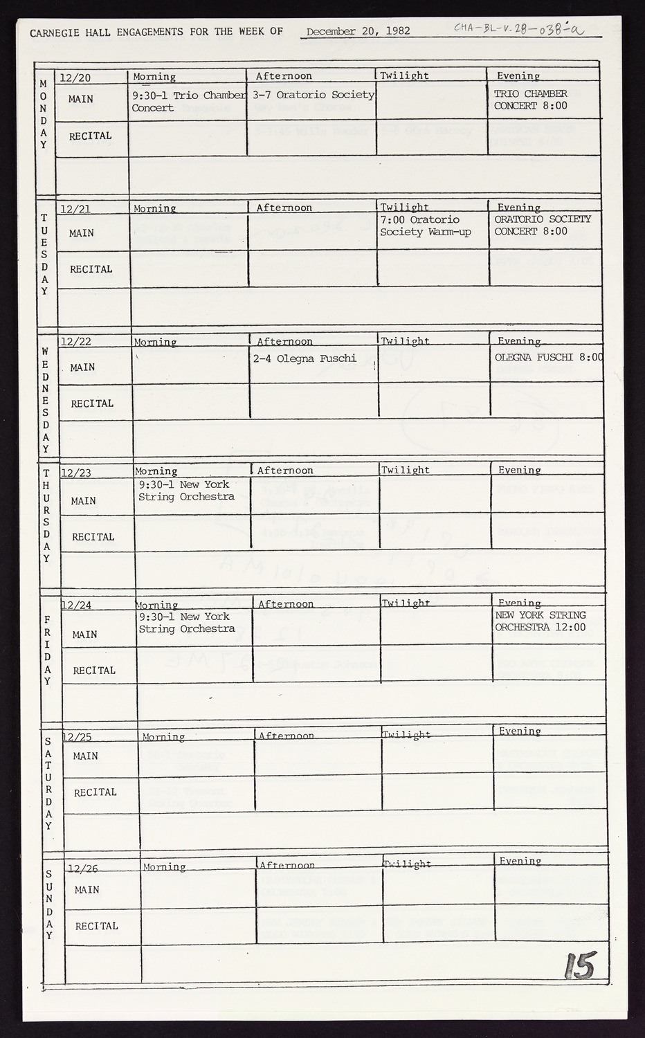 Carnegie Hall Booking Ledger, volume 28, page 38a