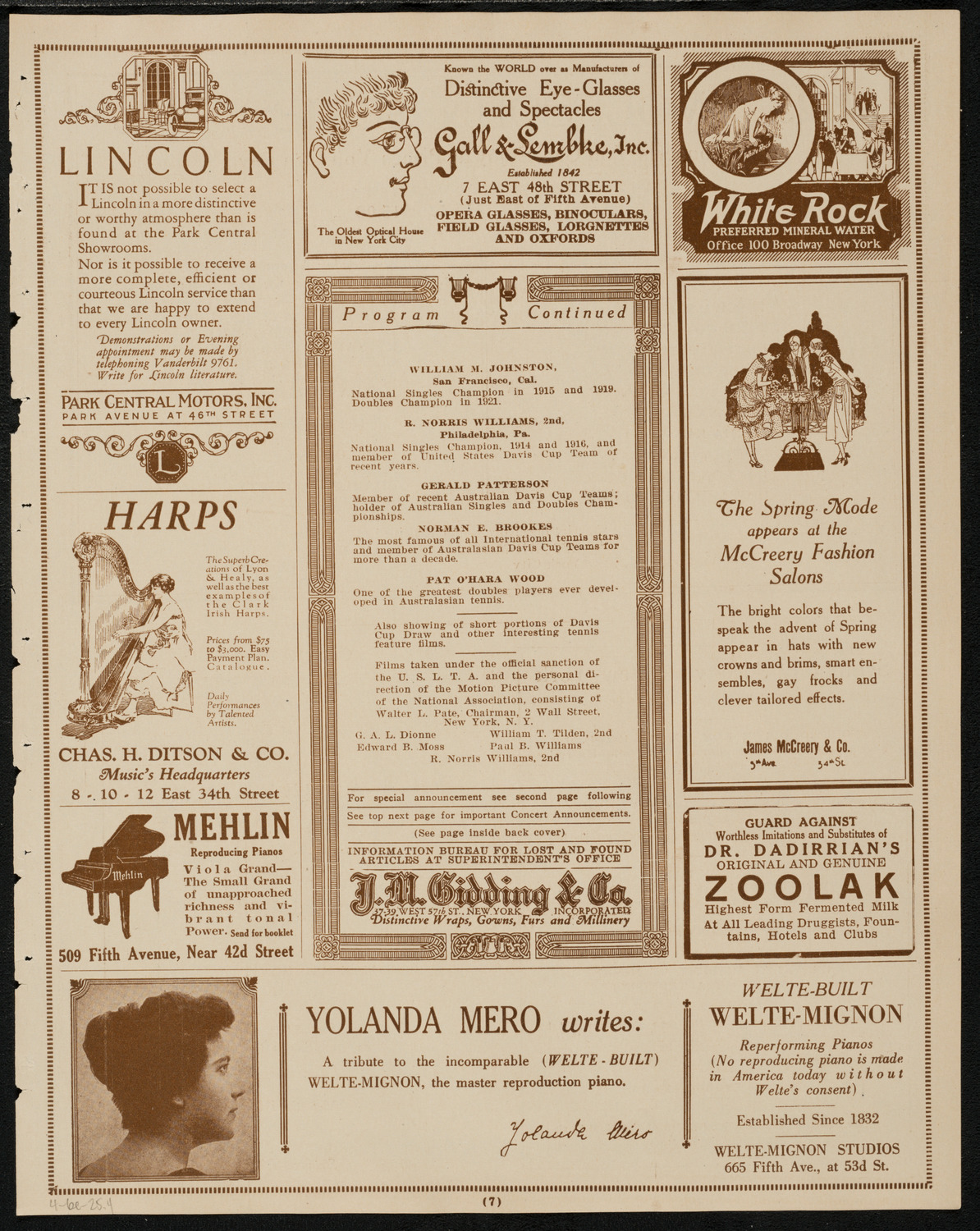 Benefit: Cathedral of St. John the Divine/ Film: U.S. Lawn Tennis Association, April 6, 1925, program page 7