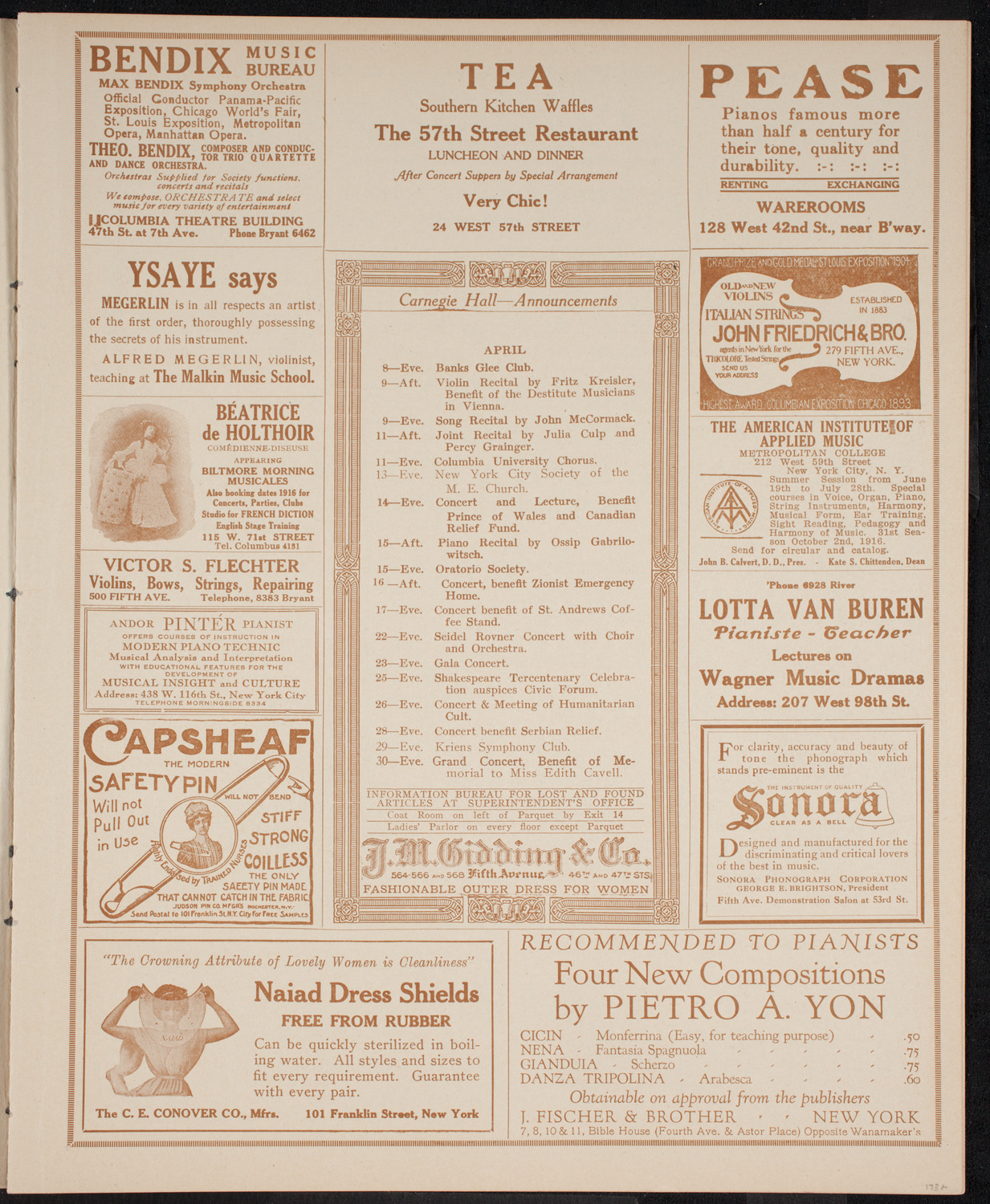 Mischa Elman, Violin, April 8, 1916, program page 3