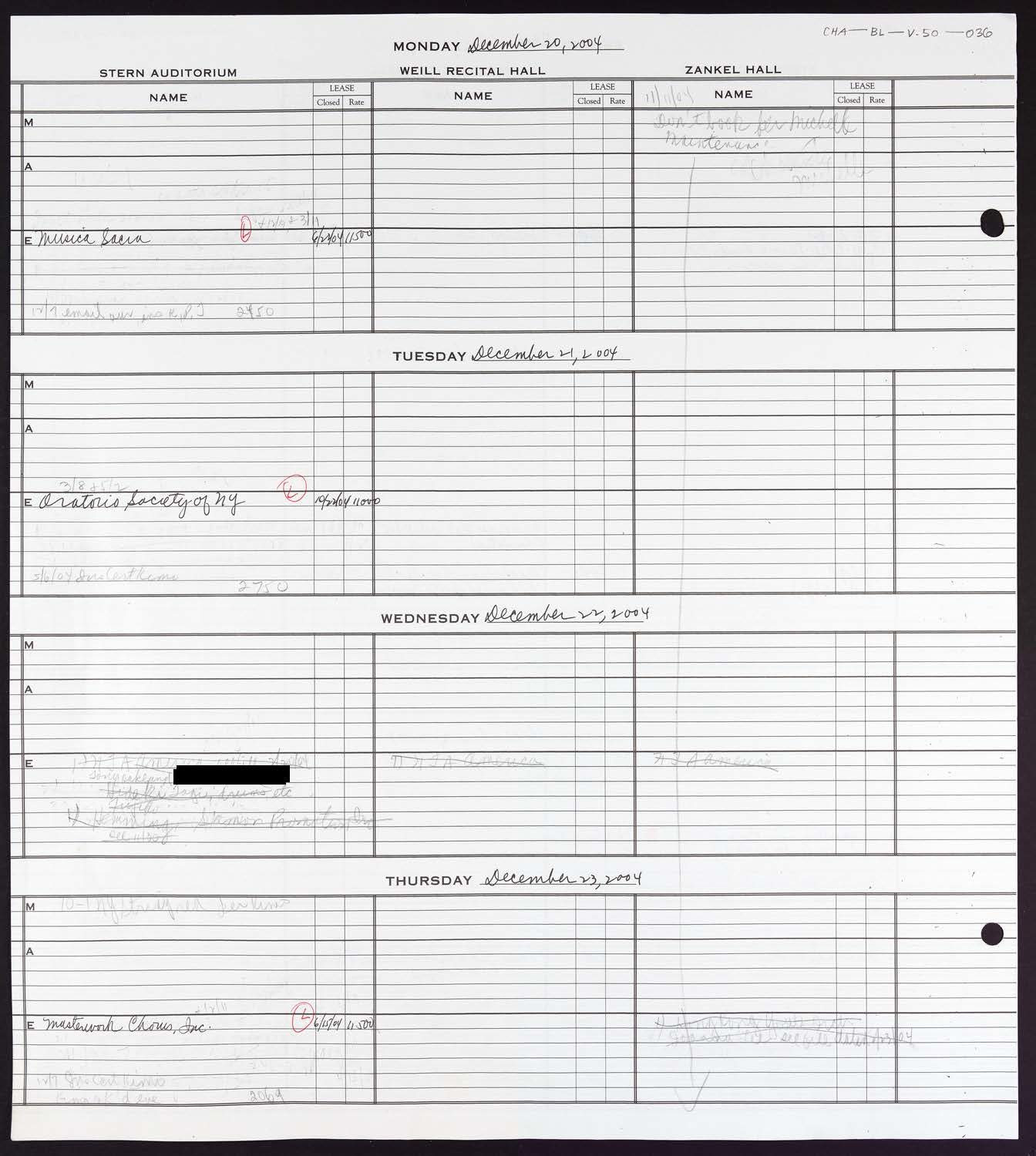 Carnegie Hall Booking Ledger, volume 50, page 36