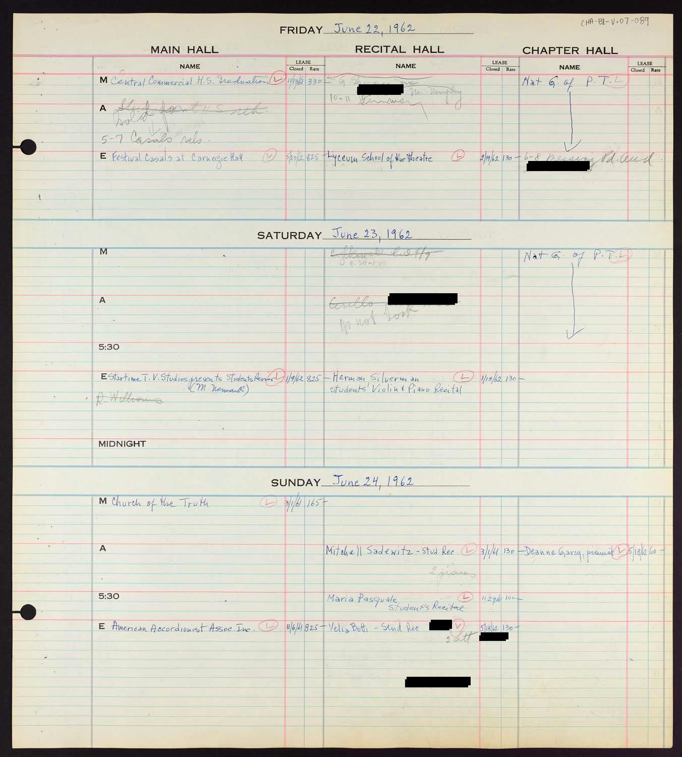 Carnegie Hall Booking Ledger, volume 7, page 89