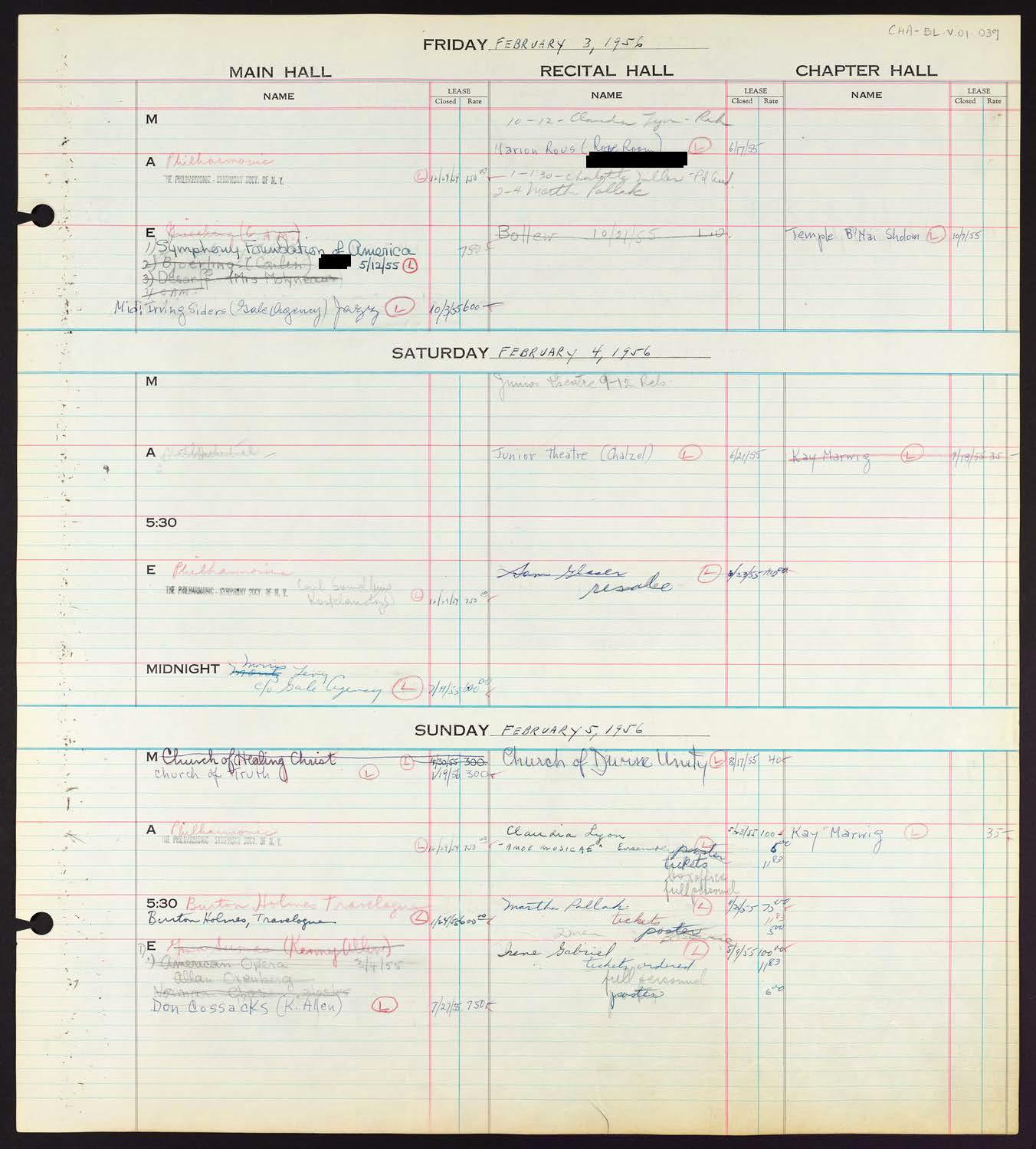 Carnegie Hall Booking Ledger, volume 1, page 39