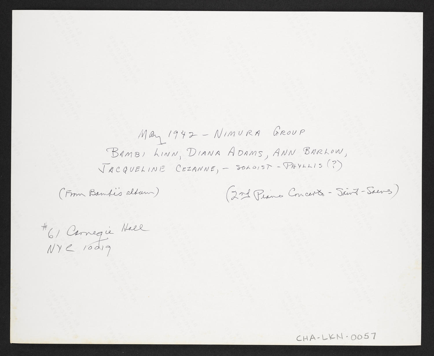 Bambi Linn, Diana Adams, Ann Barlow, and Jacqueline Cezanne at Ballet Arts, Carnegie Hall Studio #61, May 1942 (back)
