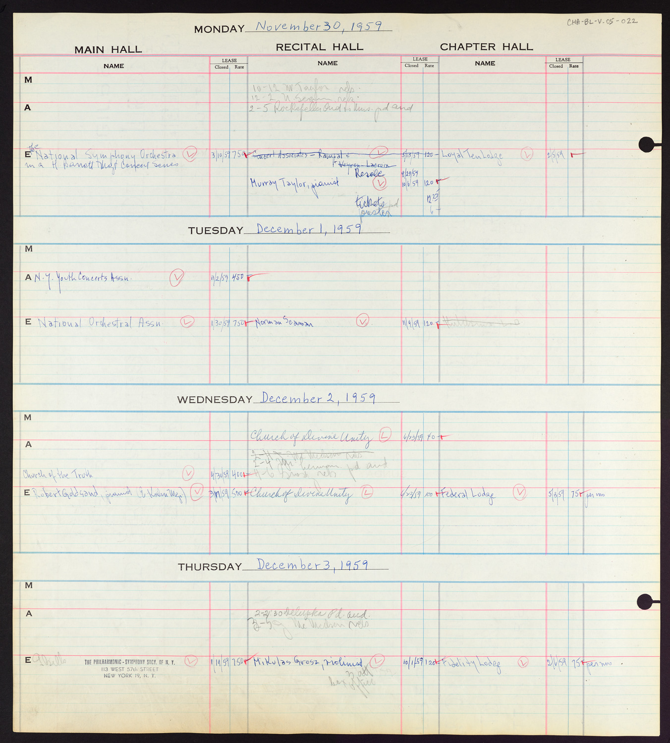 Carnegie Hall Booking Ledger, volume 5, page 22