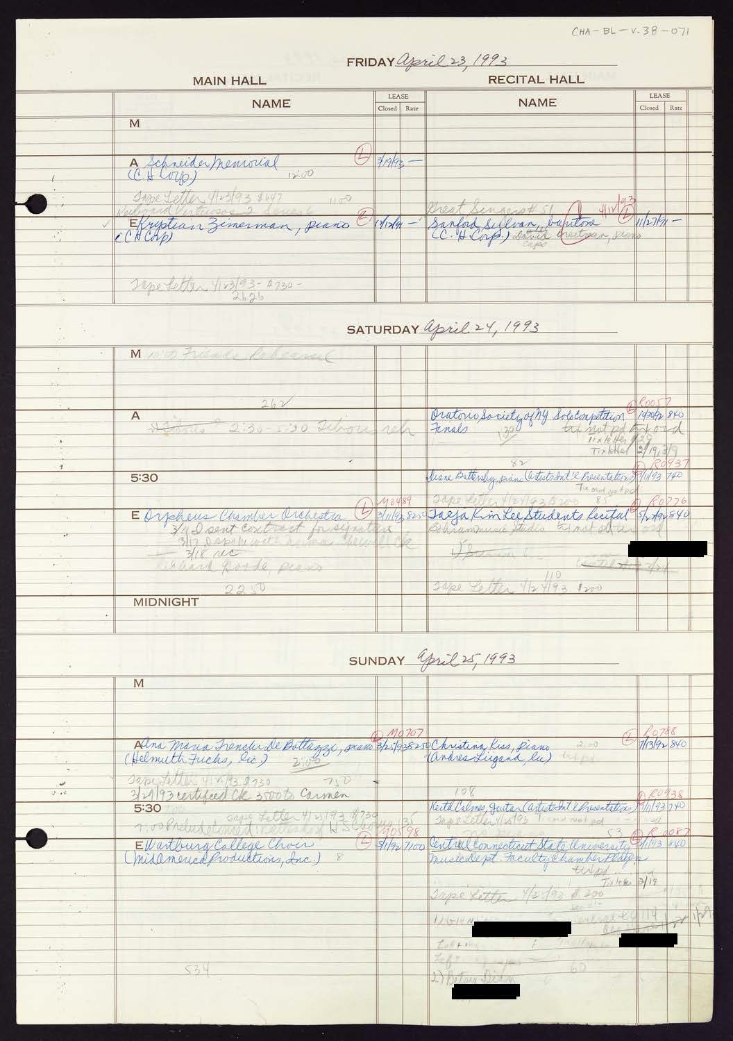 Carnegie Hall Booking Ledger, volume 38, page 71