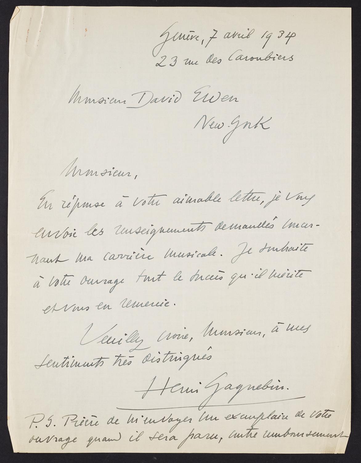 Correspondence from Henri Gagnebin to David Ewen, page 1 of 8