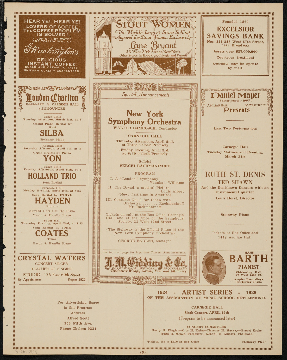 New York Philharmonic, March 27, 1925, program page 9