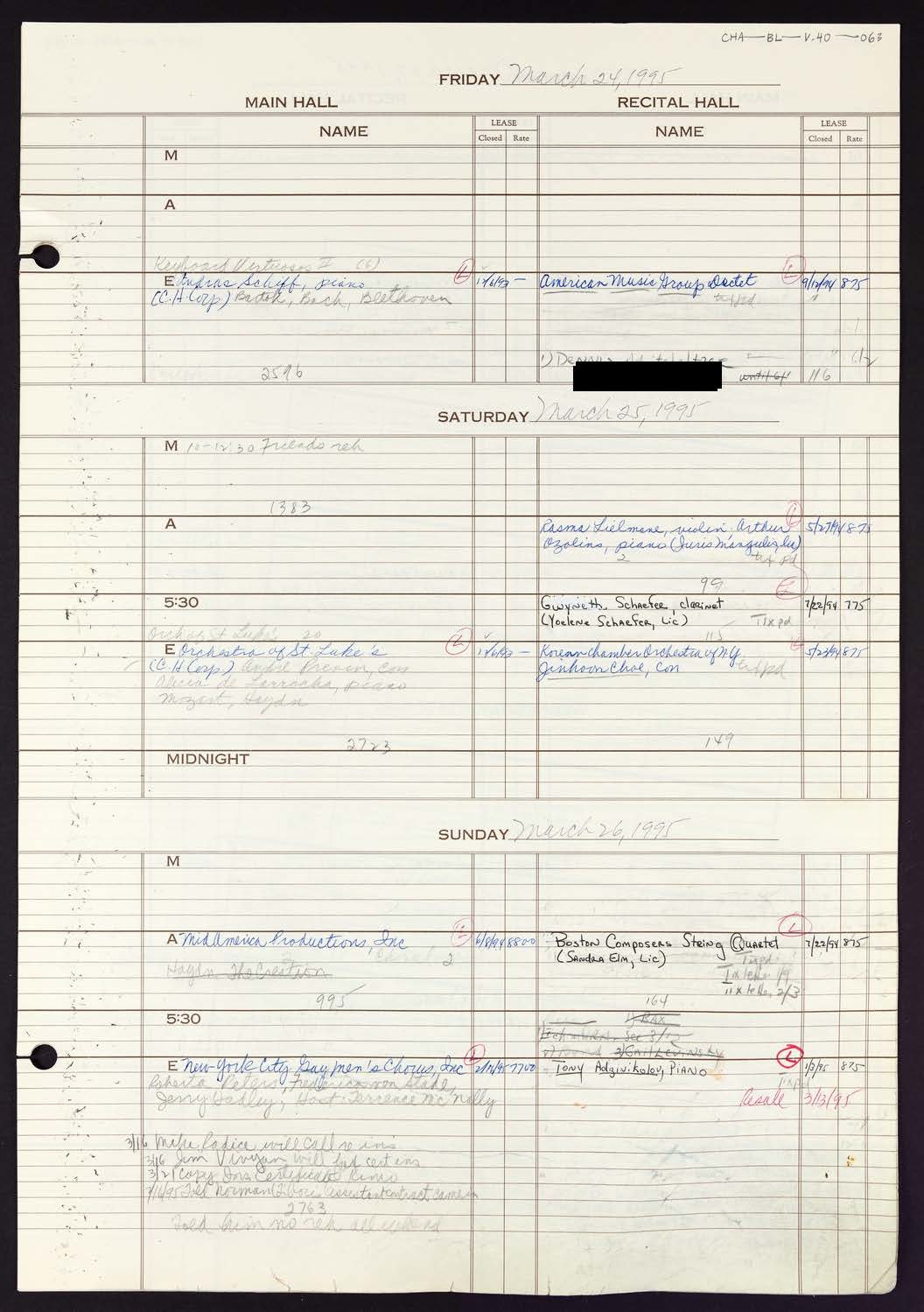 Carnegie Hall Booking Ledger, volume 40, page 63