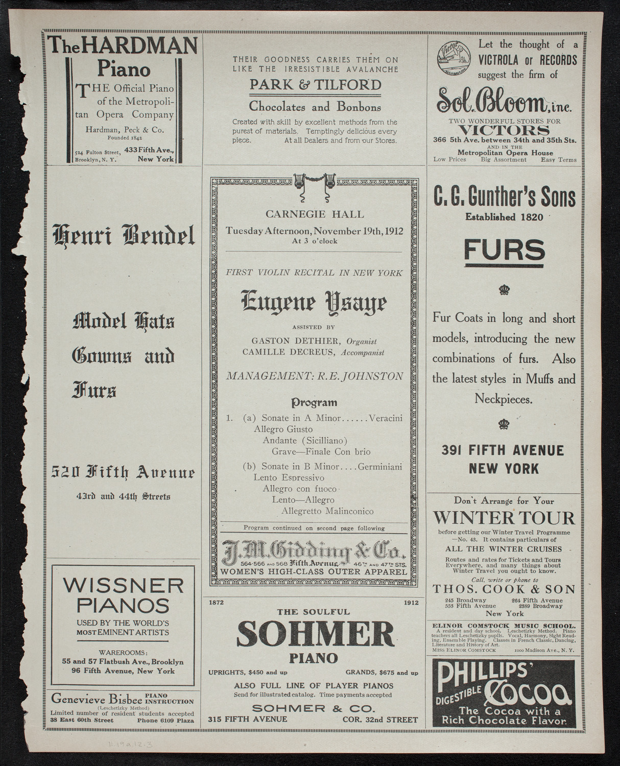 Eugène Ysaÿe, Violin, November 19, 1912, program page 5