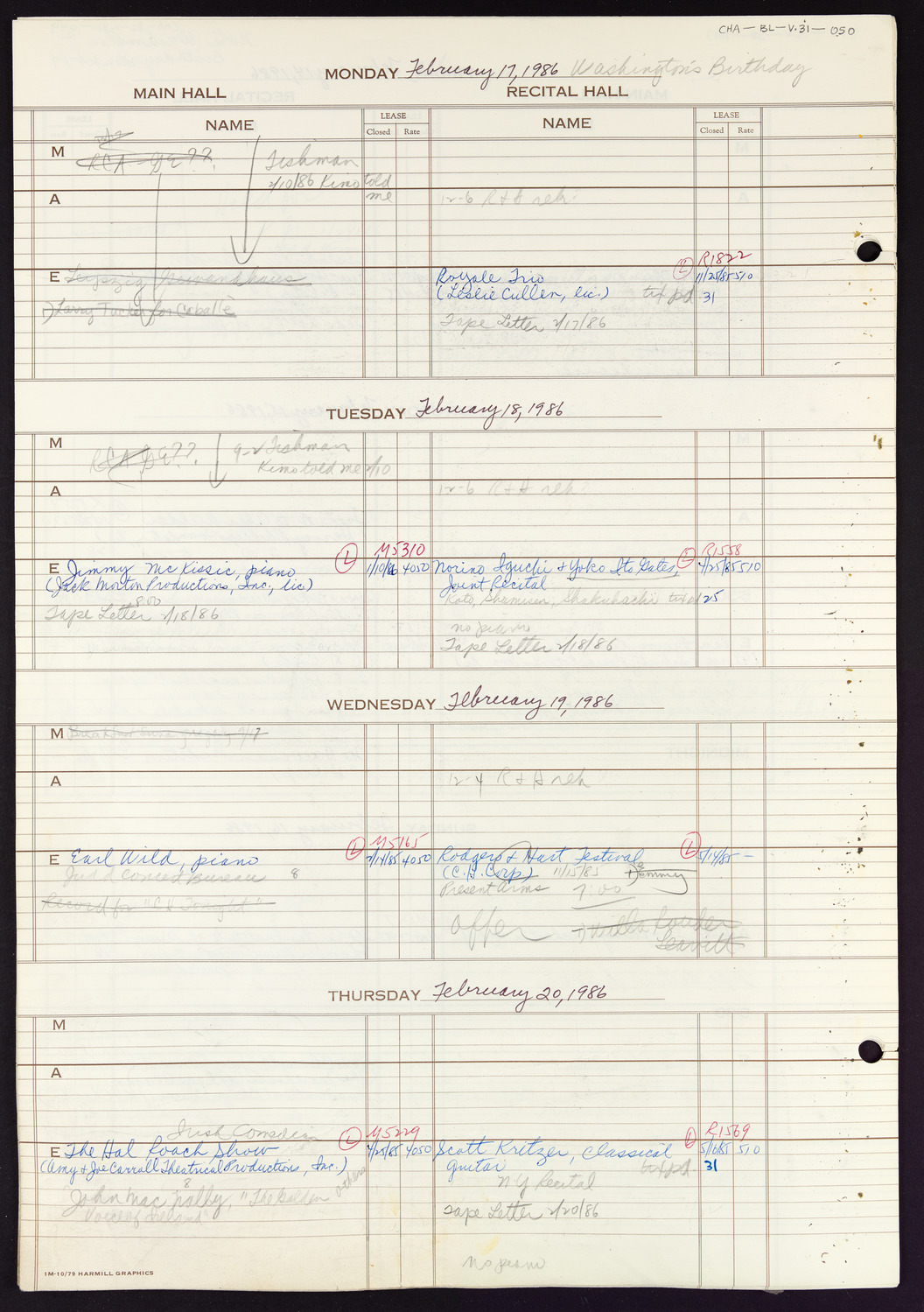 Carnegie Hall Booking Ledger, volume 31, page 50