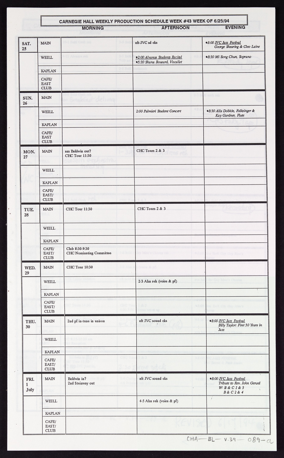 Carnegie Hall Booking Ledger, volume 39, page 89a