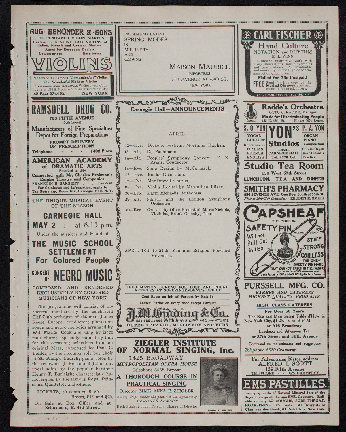 London Symphony Orchestra, April 10, 1912, program page 3