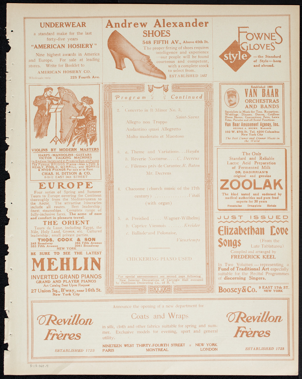 Eugène Ysaÿe, Violin, March 13, 1914, program page 7