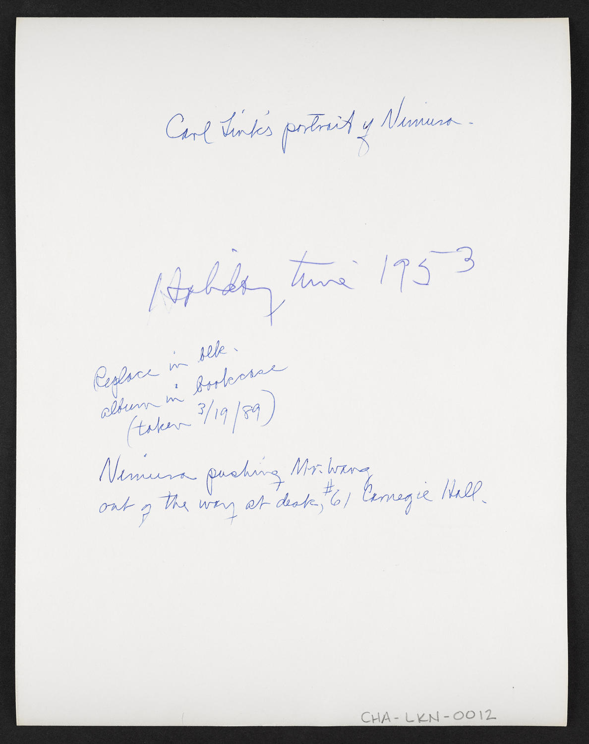 Yeichi Nimura and Mr. Wang at Ballet Arts, Carnegie Hall Studio #61, 1953 (back)
