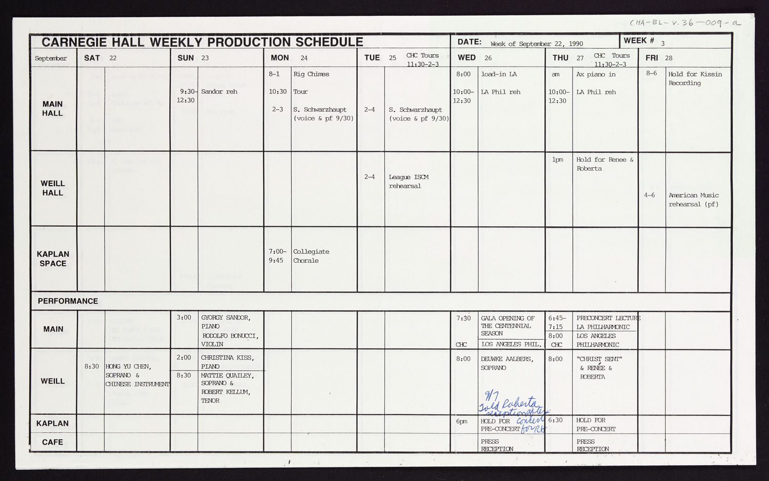 Carnegie Hall Booking Ledger, volume 36, page 9a