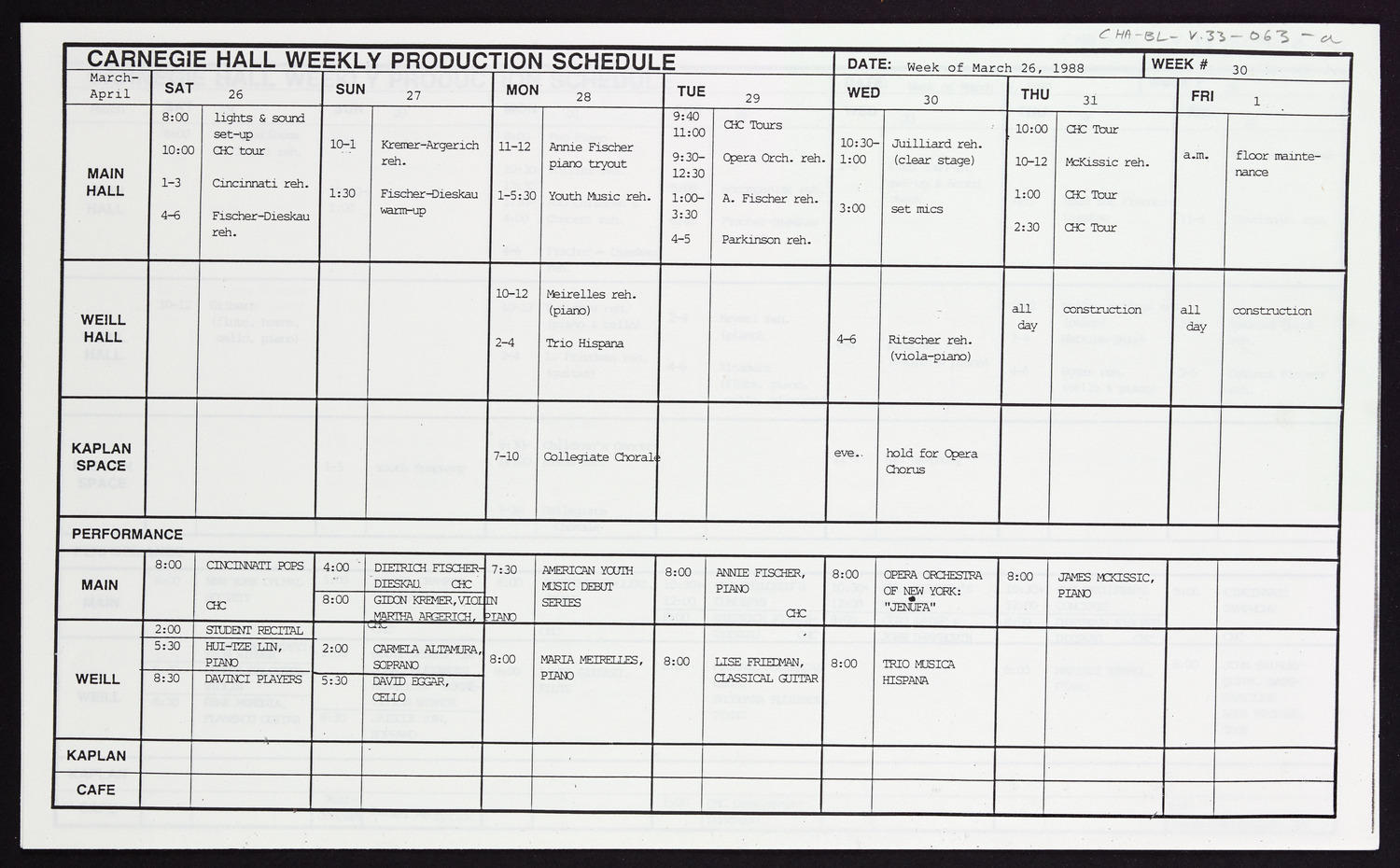 Carnegie Hall Booking Ledger, volume 33, page 63a