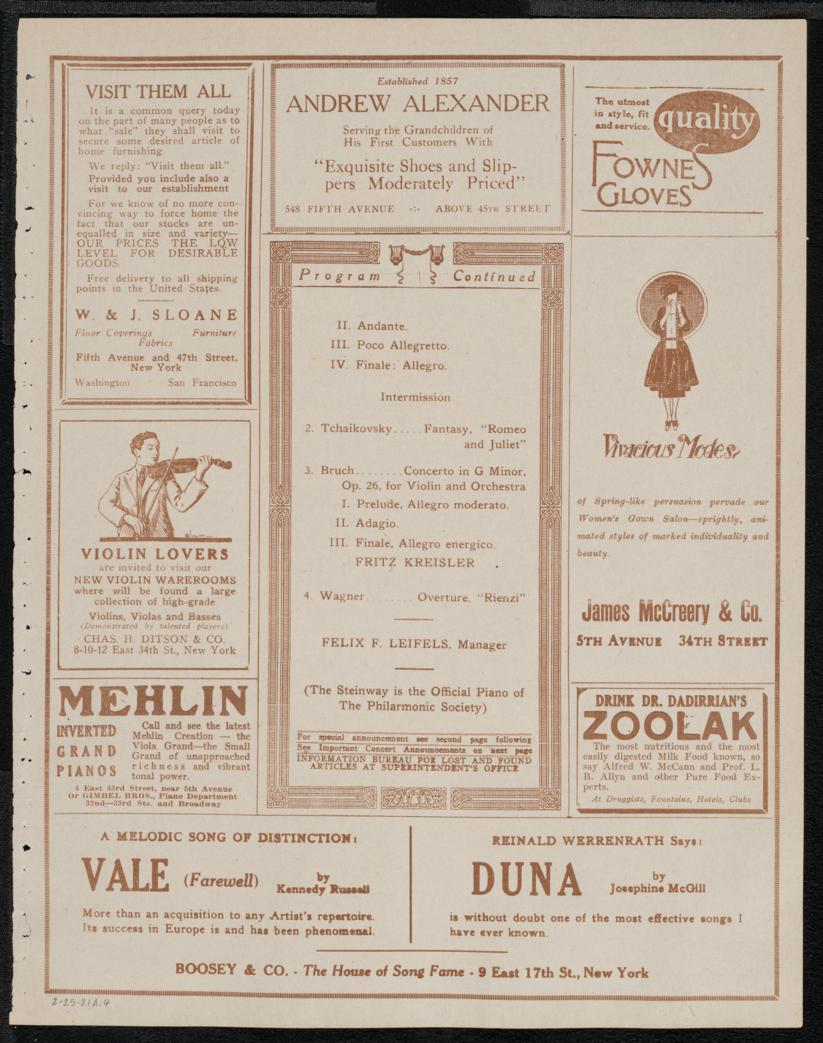 New York Philharmonic, February 25, 1921, program page 7
