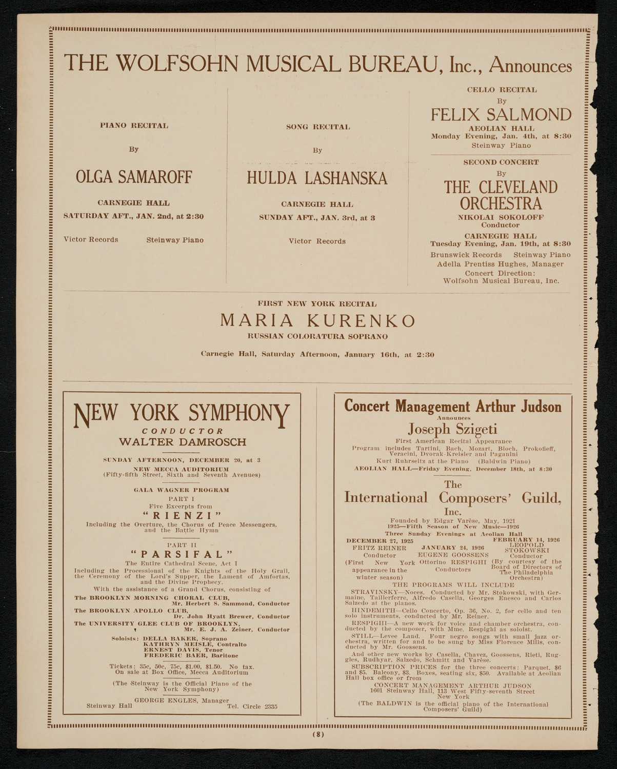 New York Philharmonic, December 17, 1925, program page 8