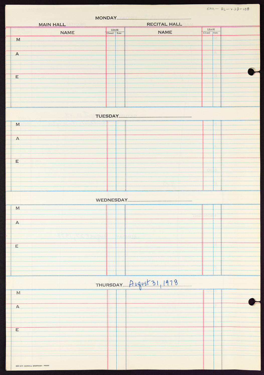 Carnegie Hall Booking Ledger, volume 23, page 108