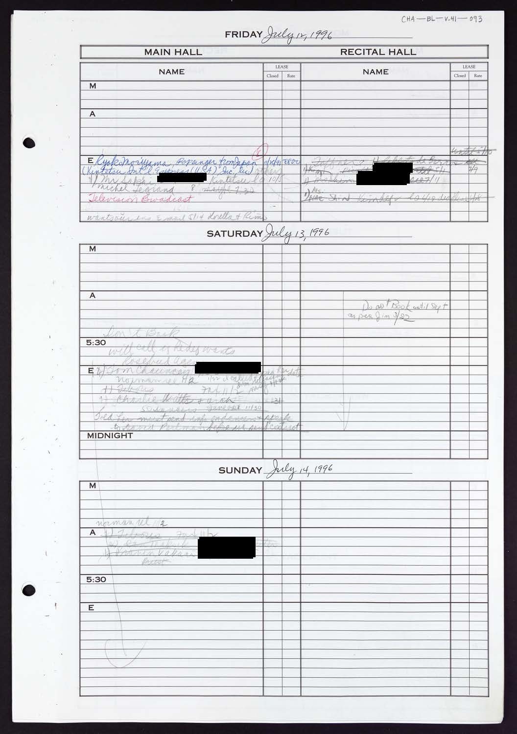 Carnegie Hall Booking Ledger, volume 41, page 93