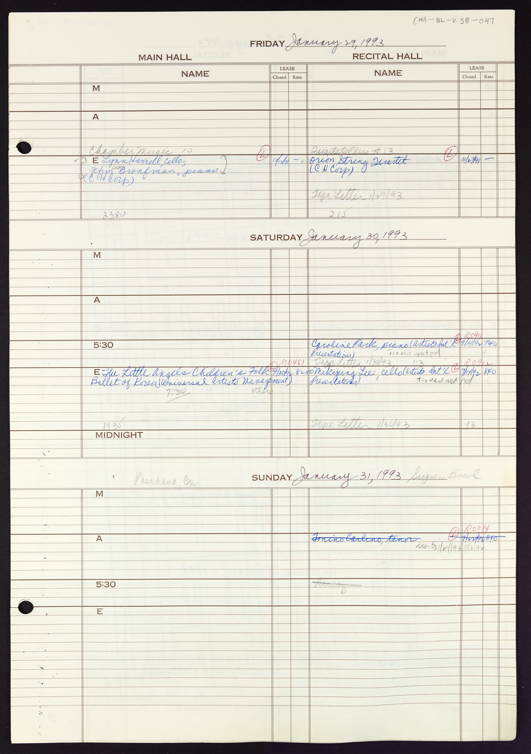 Carnegie Hall Booking Ledger, volume 38, page 47