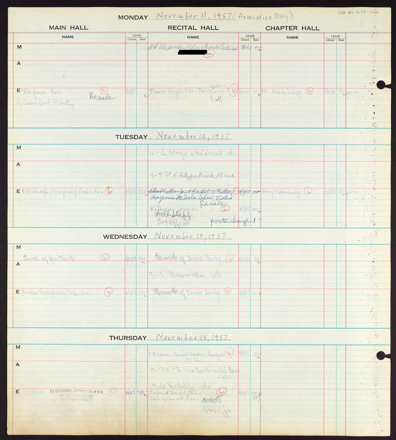 Carnegie Hall Booking Ledger, volume 3, page 16