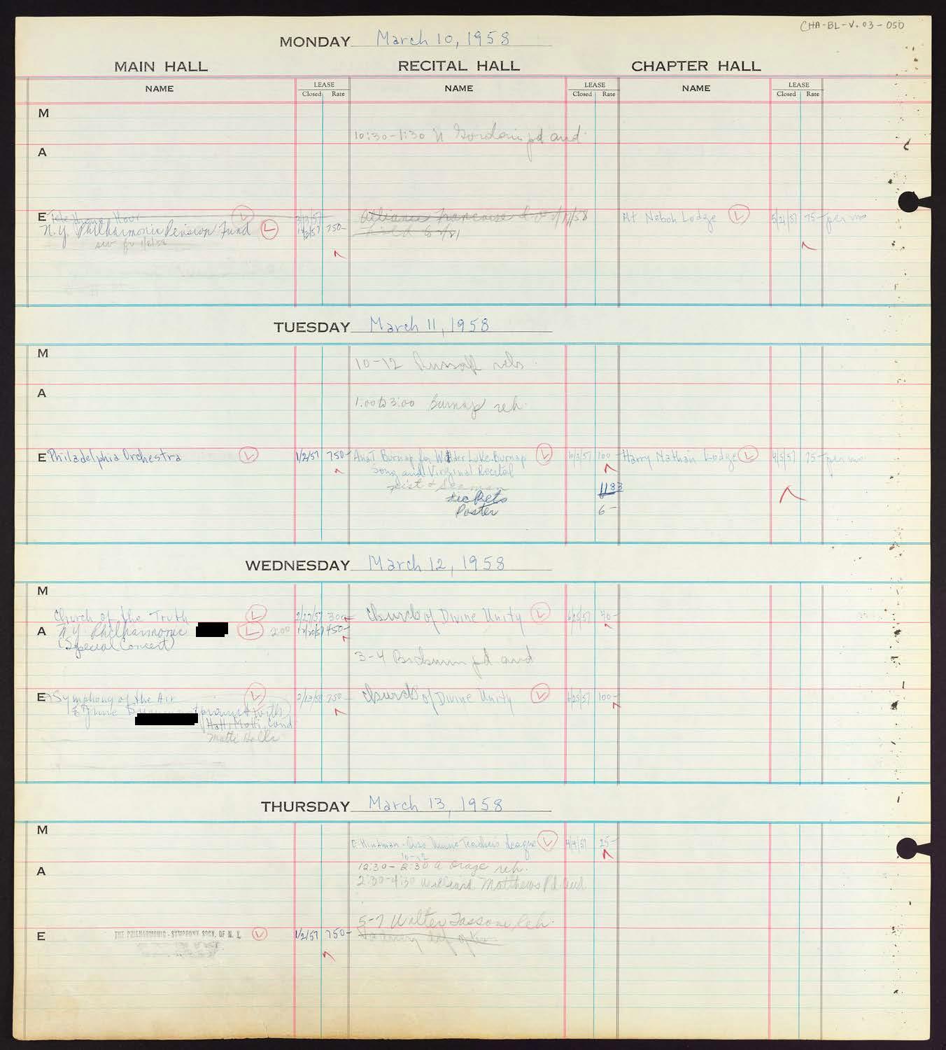 Carnegie Hall Booking Ledger, volume 3, page 50