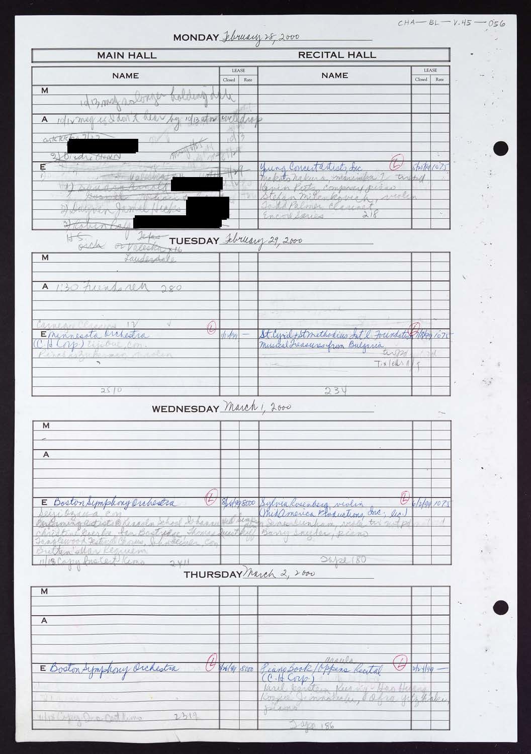 Carnegie Hall Booking Ledger, volume 45, page 56