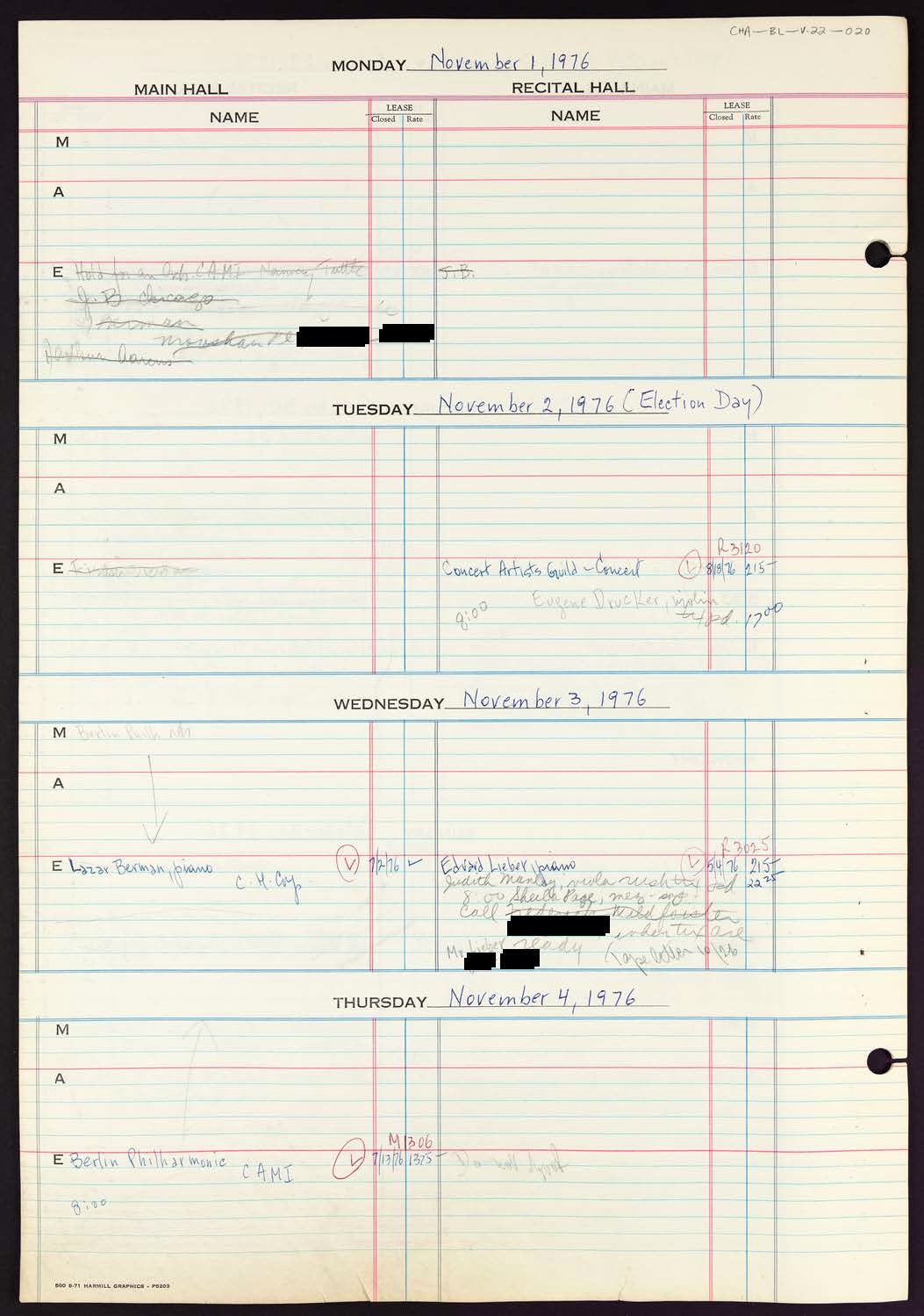 Carnegie Hall Booking Ledger, volume 22, page 20