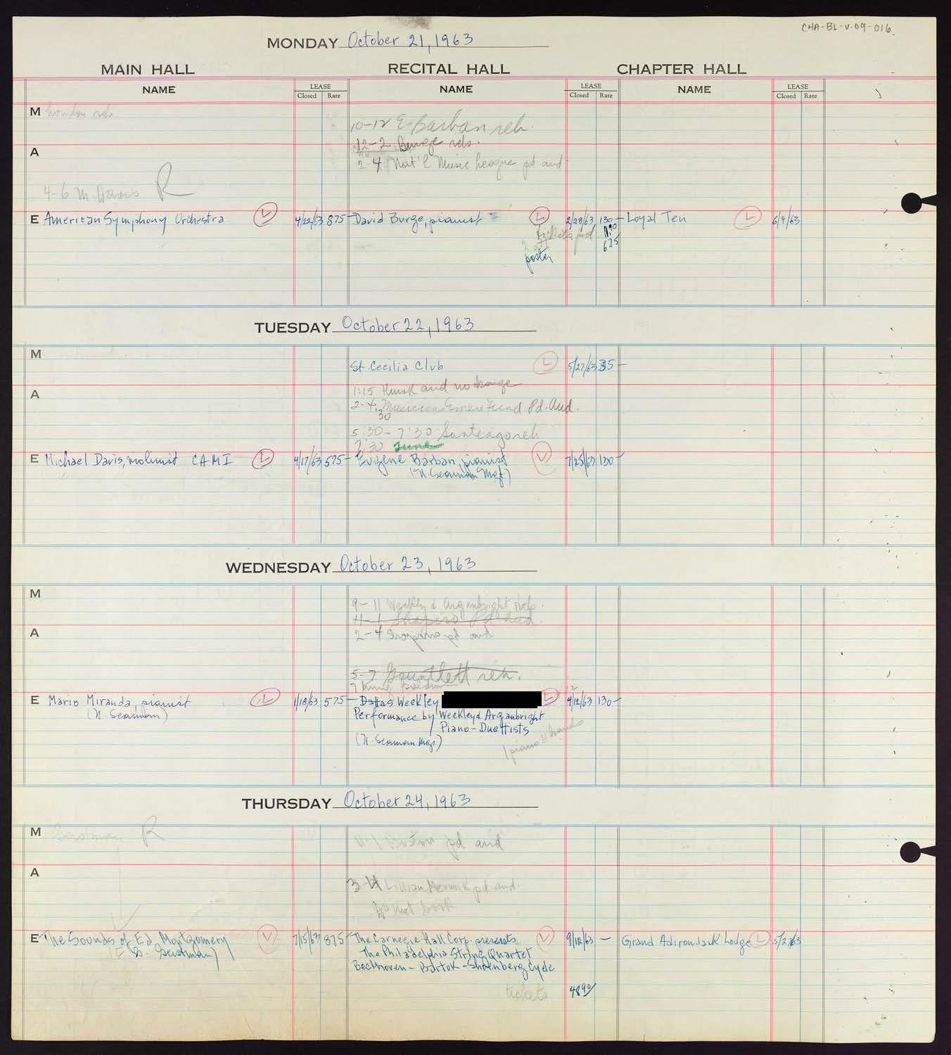 Carnegie Hall Booking Ledger, volume 9, page 16