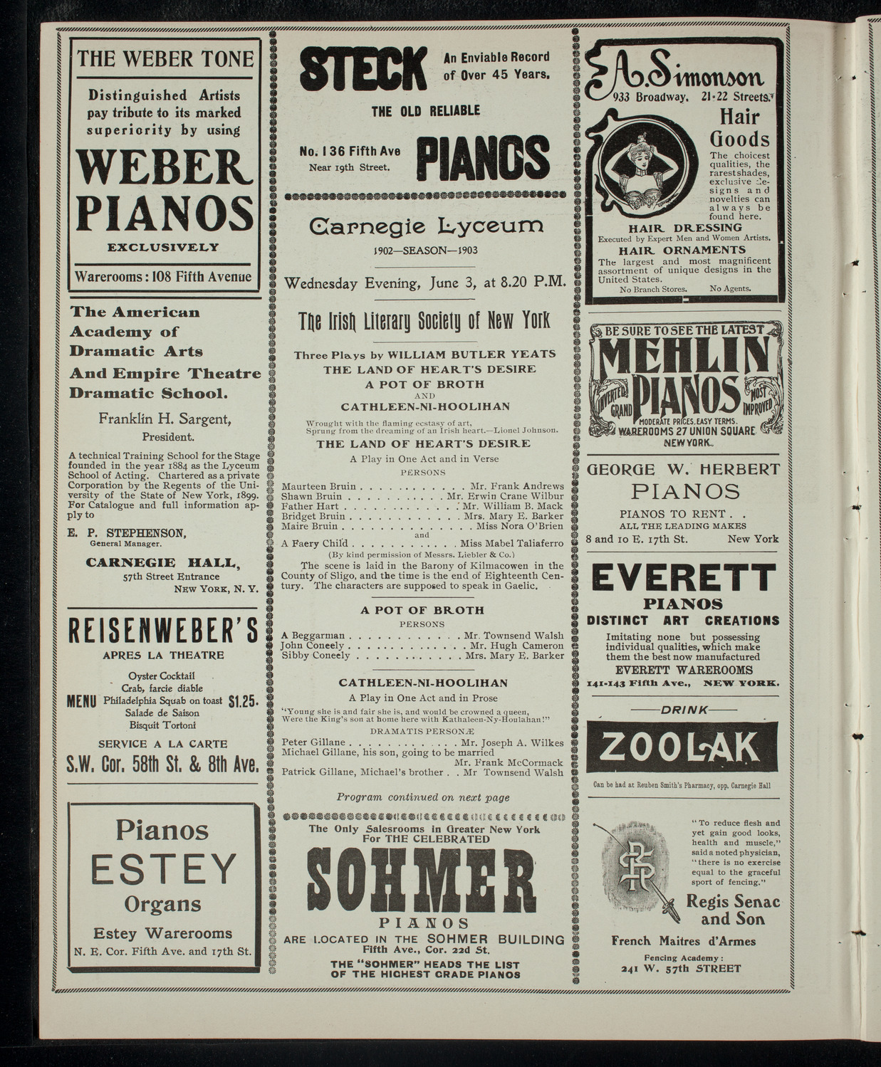 Irish Literary Society of New York, June 3, 1903, program page 2